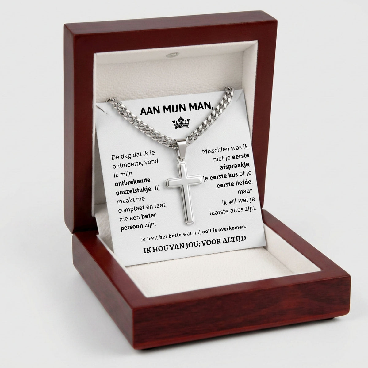 Cross necklace in luxe mahogany LED gift box