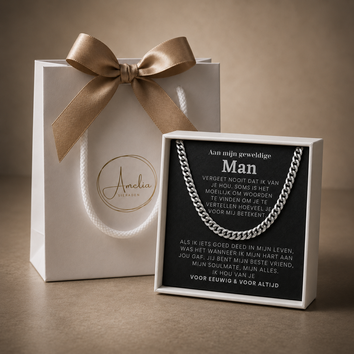 Chain necklace with gift packaging and message card
