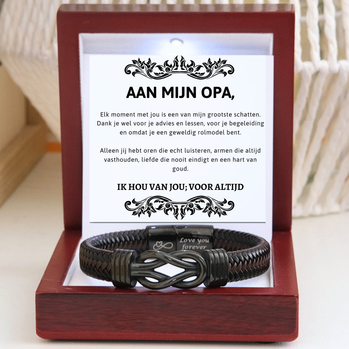 Aan mijn Opa - Zwart infinity armband - Ik hou van jou; voor altijd