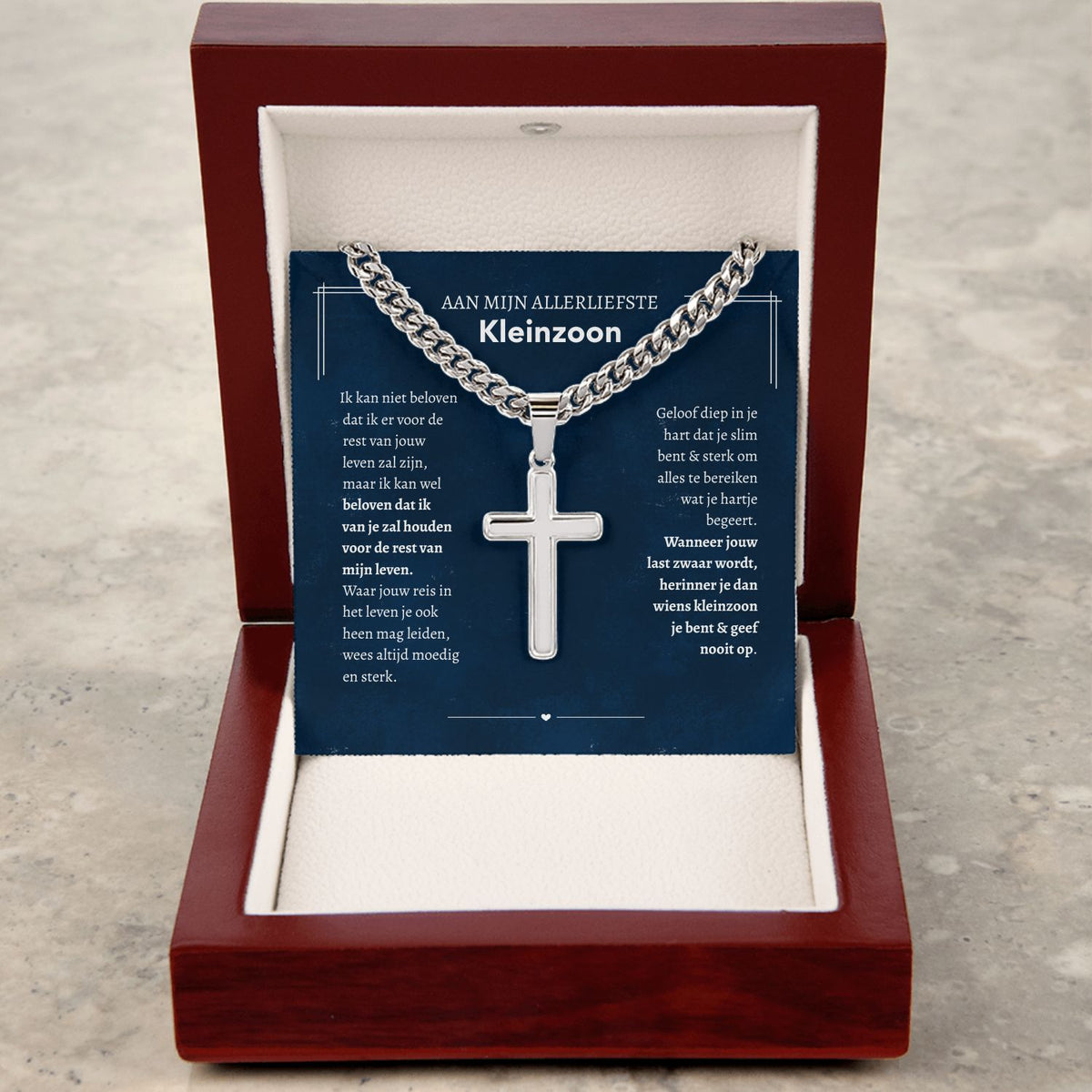 Aan mijn lieve kleinzoon - Zilveren ketting met hanger kruis