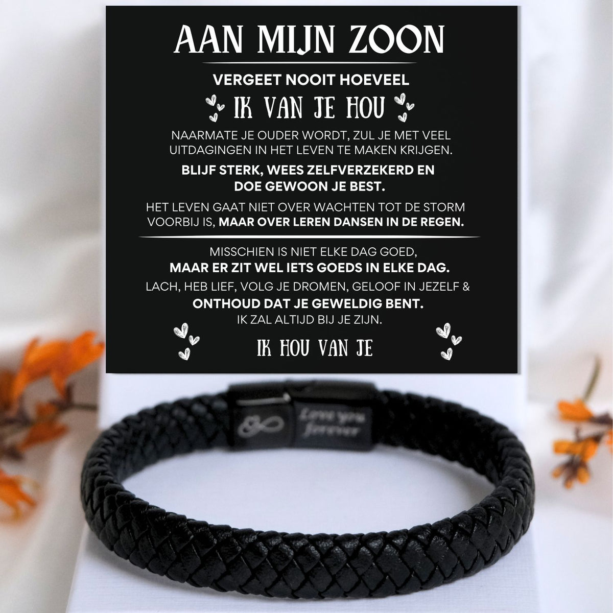 Aan mijn  zoon - Zwarte Gevlochten Armband