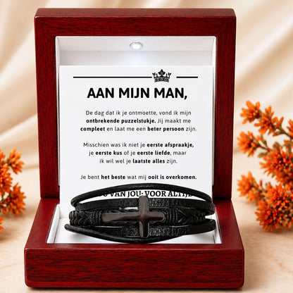 Gevlochten Kruis Armband met Gravure - Aan mijn man