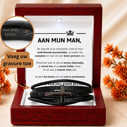 Gevlochten Kruis Armband met Gravure - Aan mijn man
