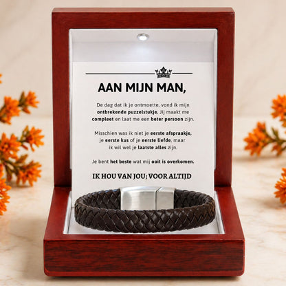 Bruine Gevlochten Armband met Gravure - Voor mijn man