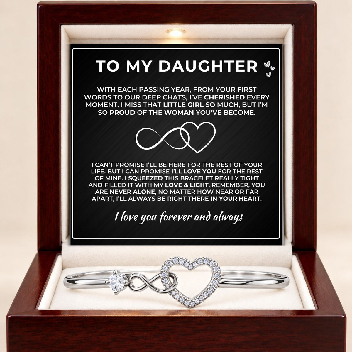 Infinity armband zilver in luxe mahonie geschenkdoos met LED