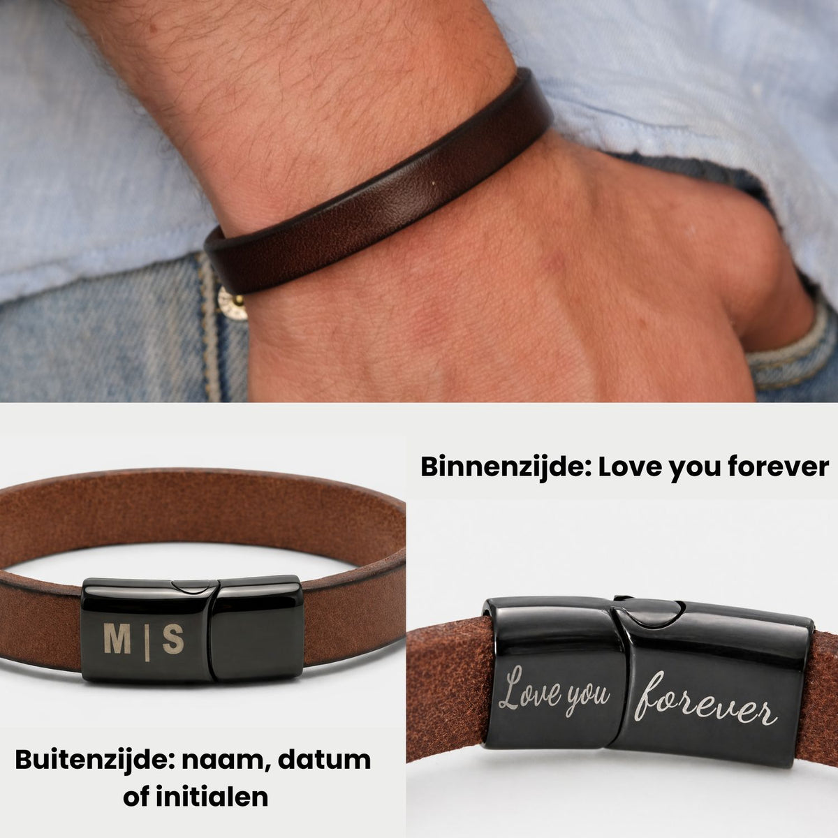 Bruine leren armband met Gravure - Aan mijn man