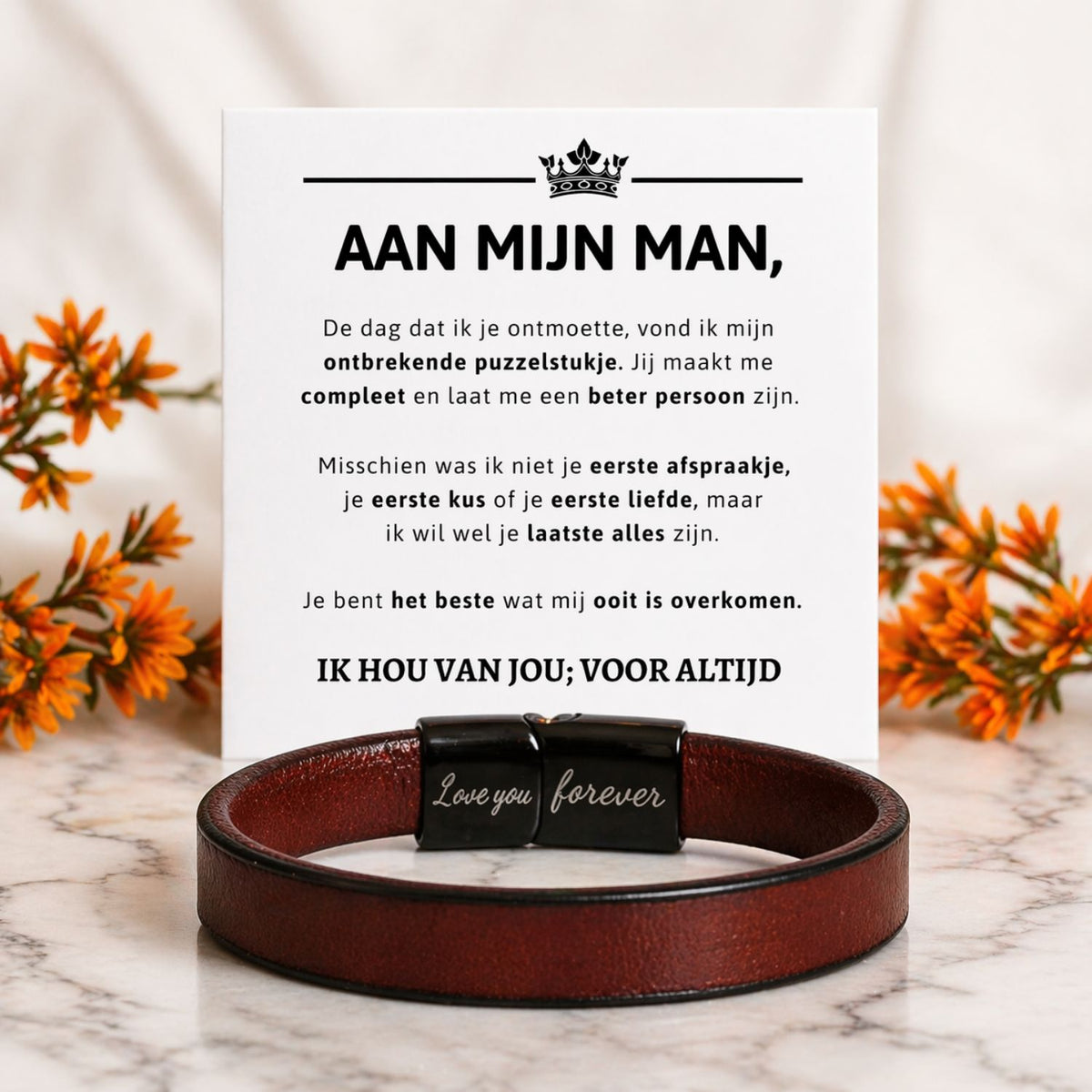 Bruine leren armband met Gravure - Aan mijn man