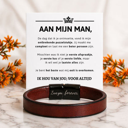 Bruine leren armband met Gravure - Aan mijn man
