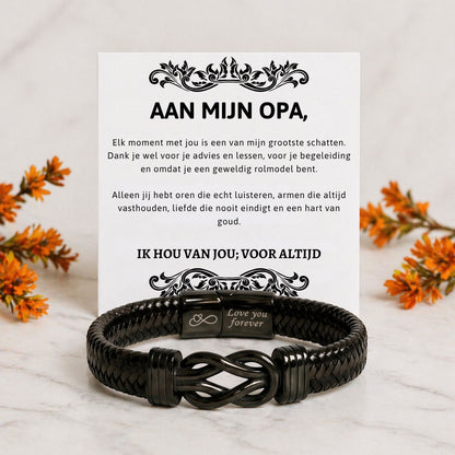 Aan mijn Opa - Zwart infinity armband - Ik hou van jou; voor altijd