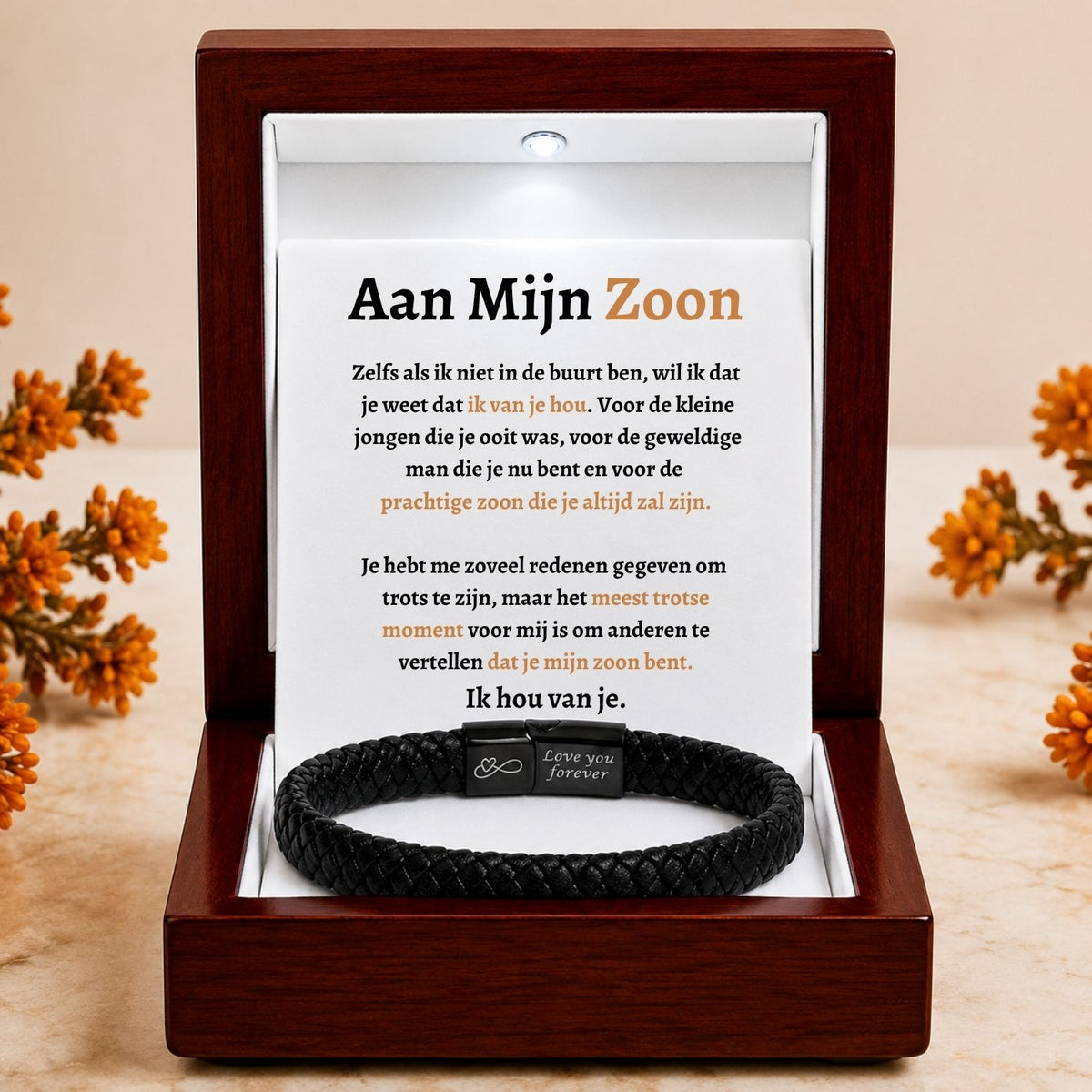 Aan mijn  zoon - Zwarte Gevlochten Armband