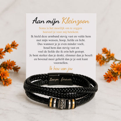 Aan Mijn Kleinzoon- Zwarte Gevlochten Armband met Bedels - Liefde en Licht