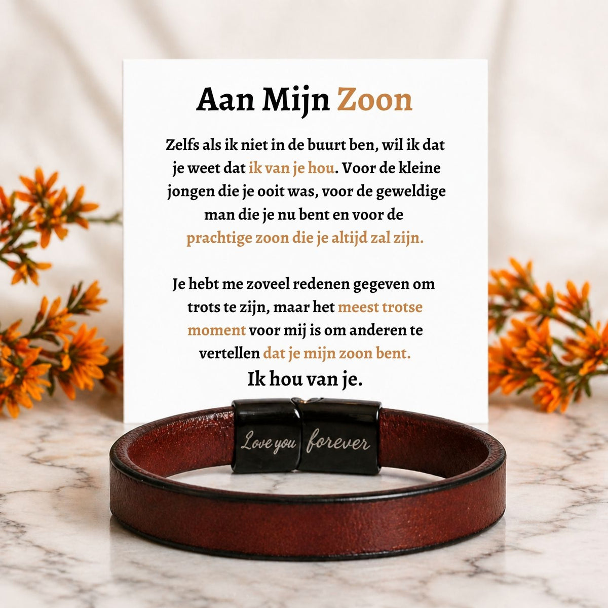 Aan mijn Zoon - Bruine leren armband