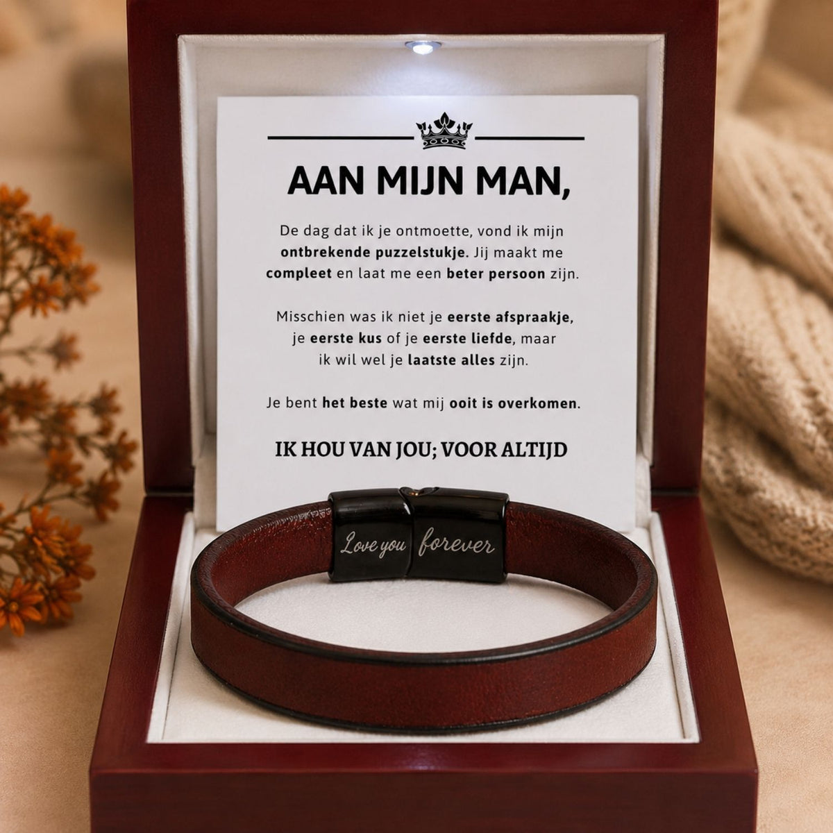 Bruine leren armband met Gravure - Aan mijn man