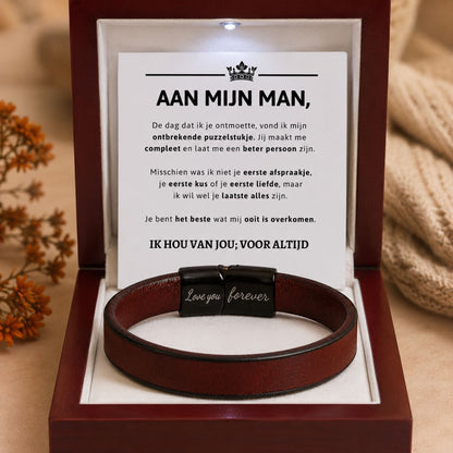 Bruine leren armband met Gravure - Aan mijn man