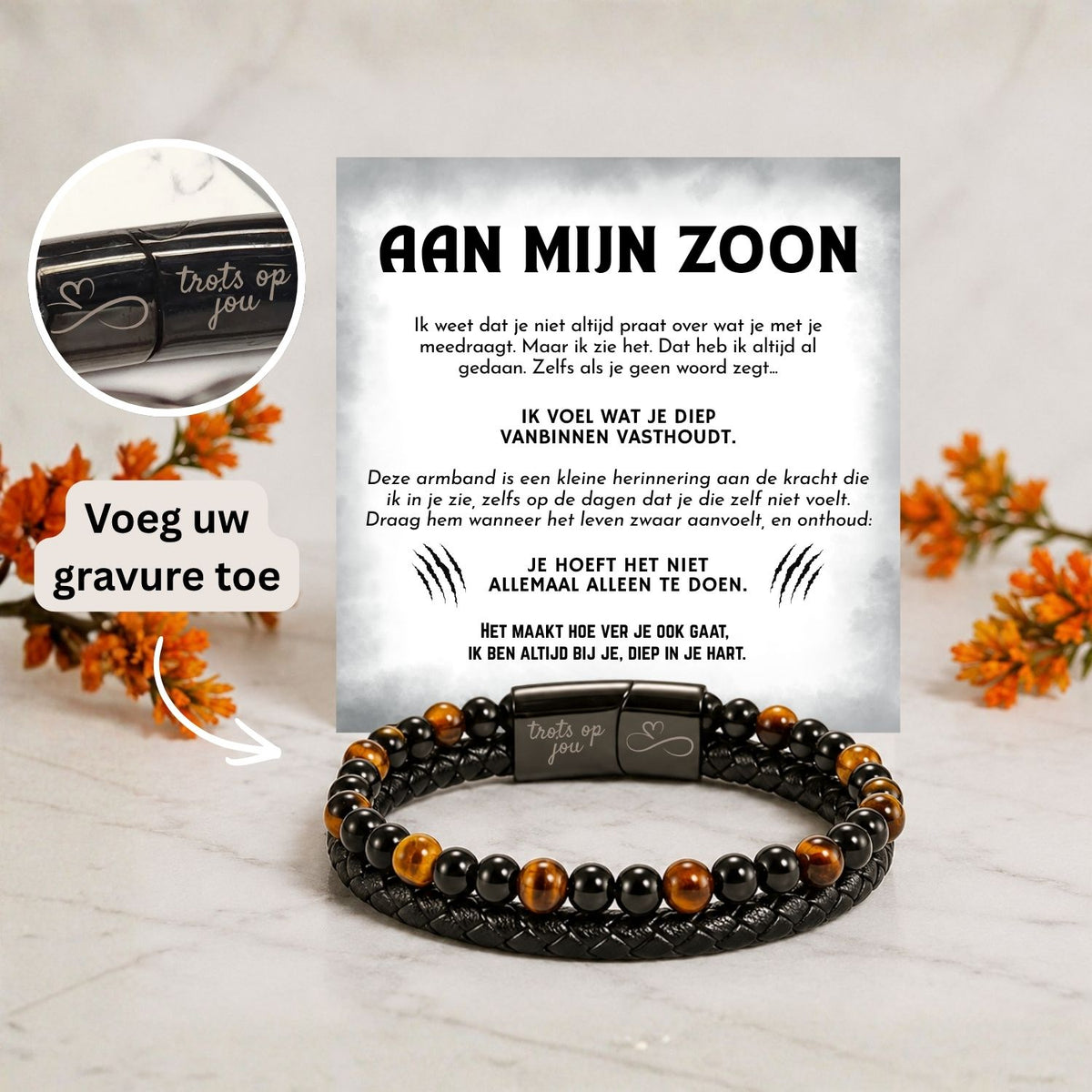 Aan mijn Zoon - Tijgeroog armband met Gravure - Ik ben altijd bij je