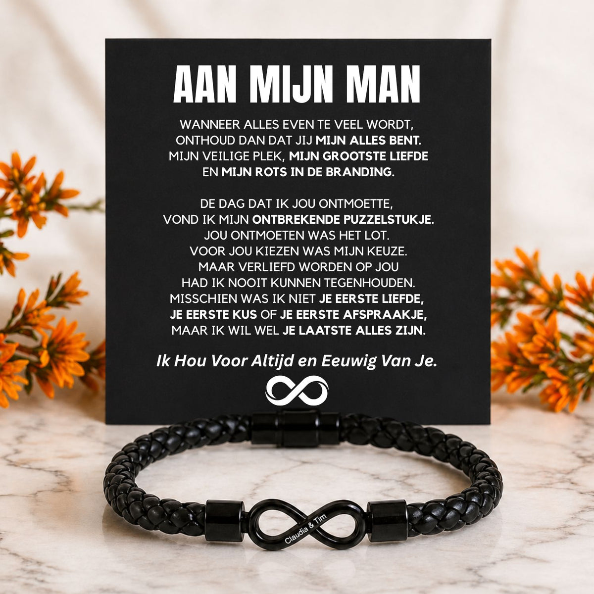 Dual name infinity bracelet engraved for husband in standard gift box
