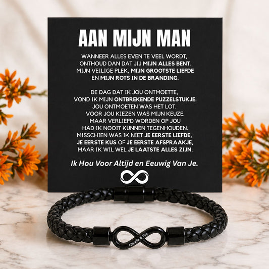 Dual name infinity bracelet engraved for husband in standard gift box