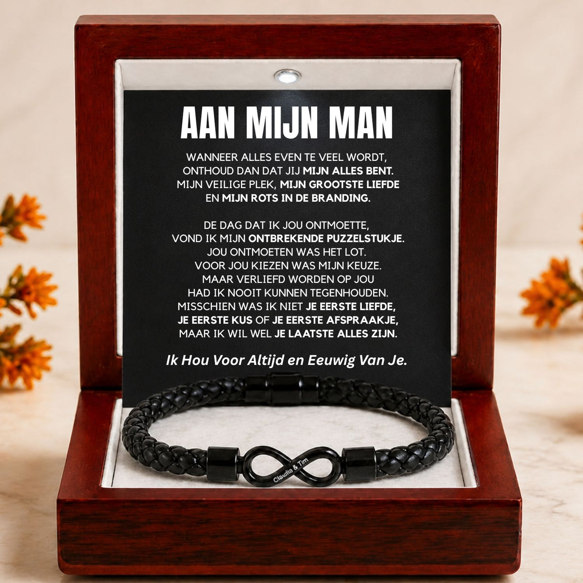 Dual name infinity bracelet in luxe mahogany LED gift box