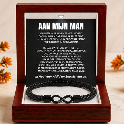 Dual name infinity bracelet in luxe mahogany LED gift box