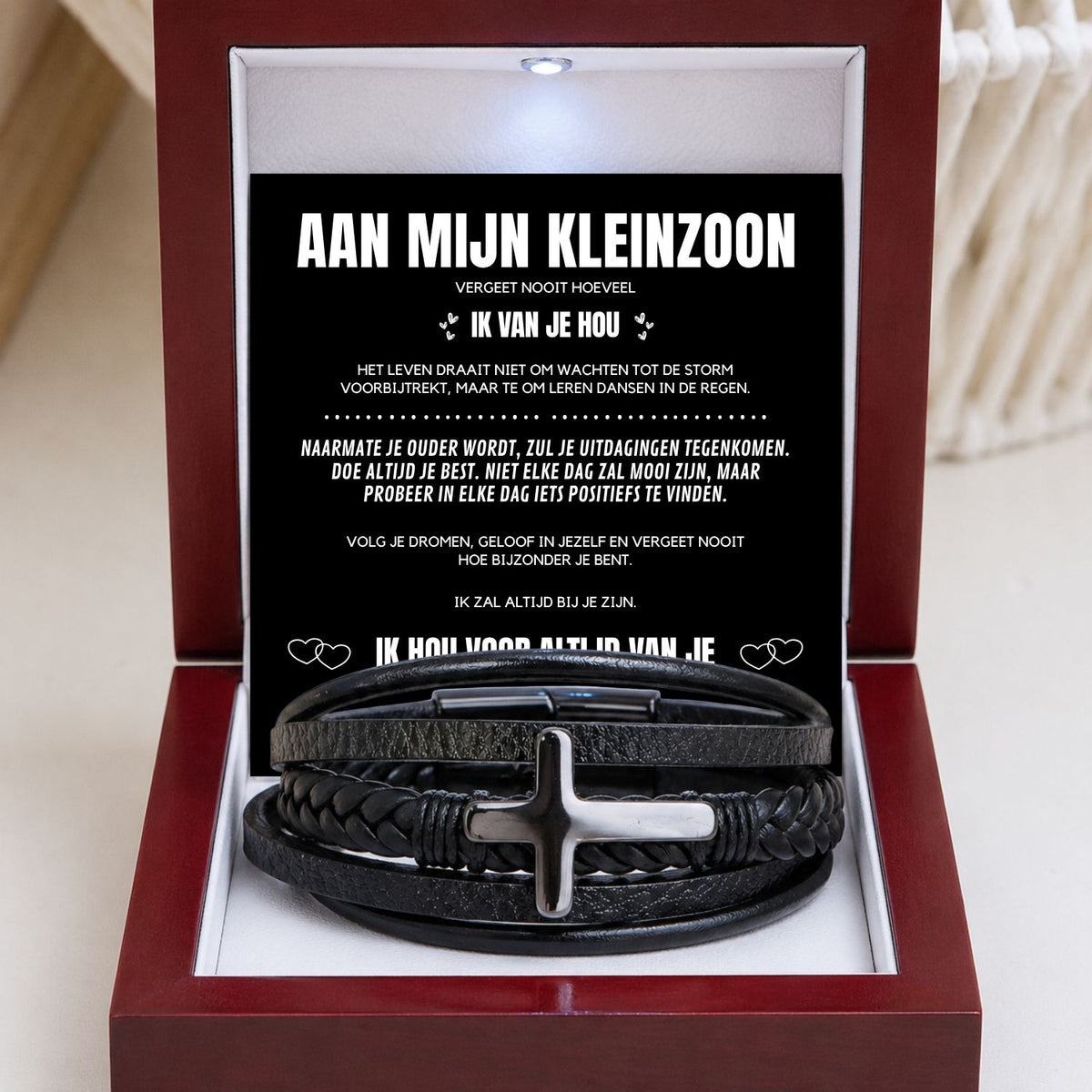 Aan mijn kleinzoon - Gevlochten Kruis Armband met Gravure