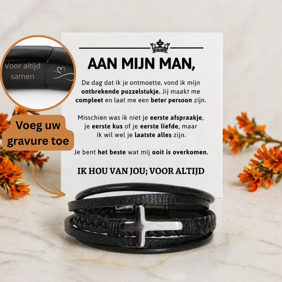 Gevlochten Kruis Armband met Gravure - Aan mijn man