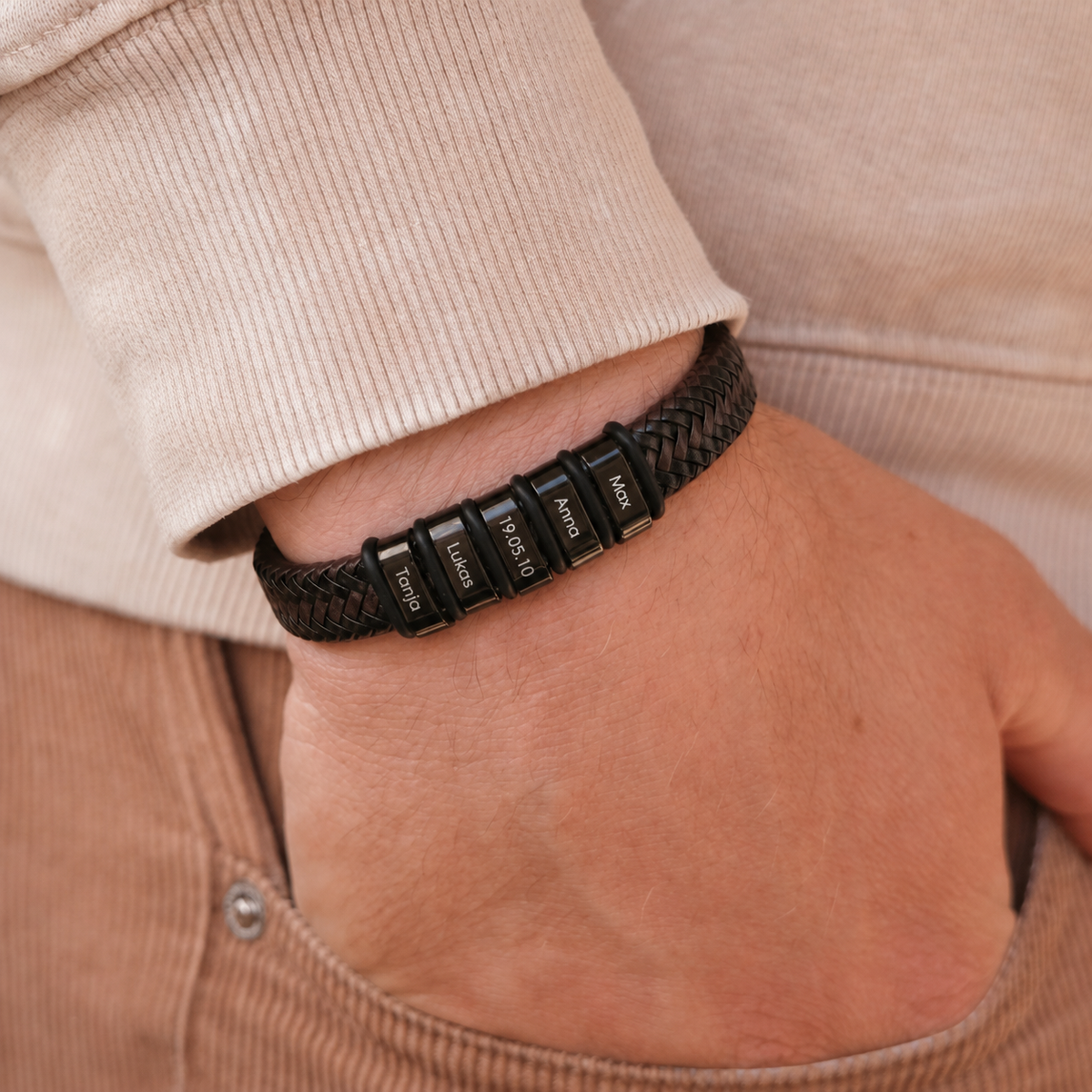 Five engravable beads on braided bracelet for Dad