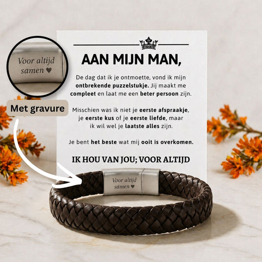 Bruine Gevlochten Armband met Gravure - Voor mijn man