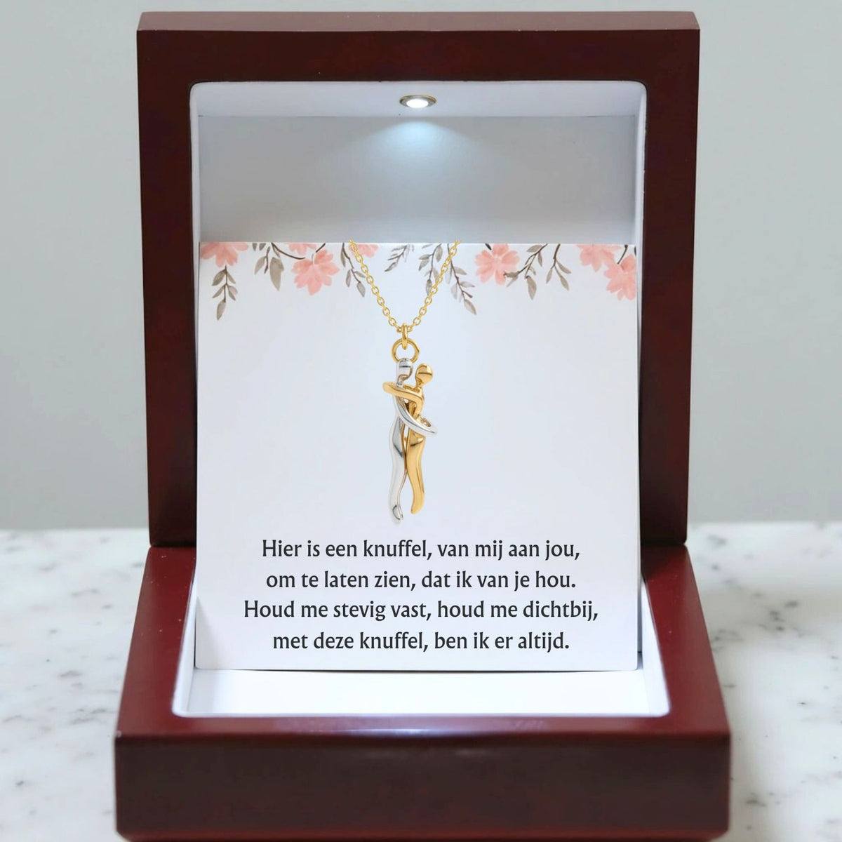 Knuffel Ketting – Zilver-Goud – Luxe Mahonie LED Box