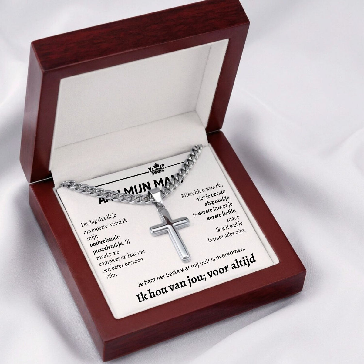 Cross necklace displayed on model