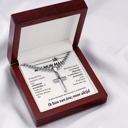 Cross necklace displayed on model