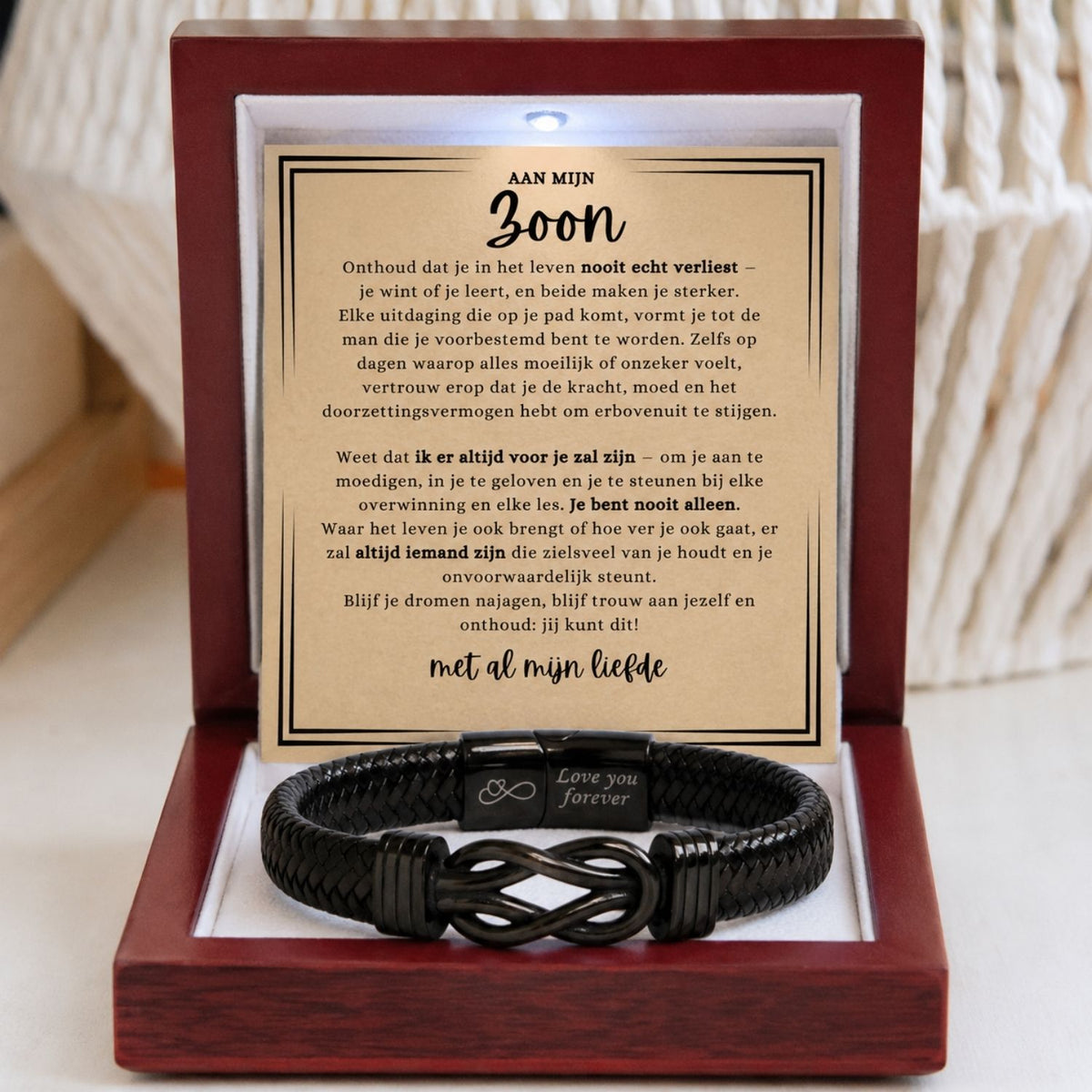Aan mijn Zoon -Zwart Infinity armband - Met al mijn liefde - Gravure