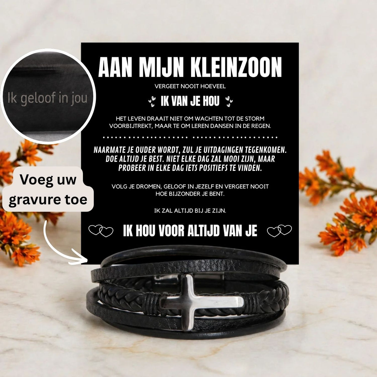 Aan mijn kleinzoon - Gevlochten Kruis Armband met Gravure