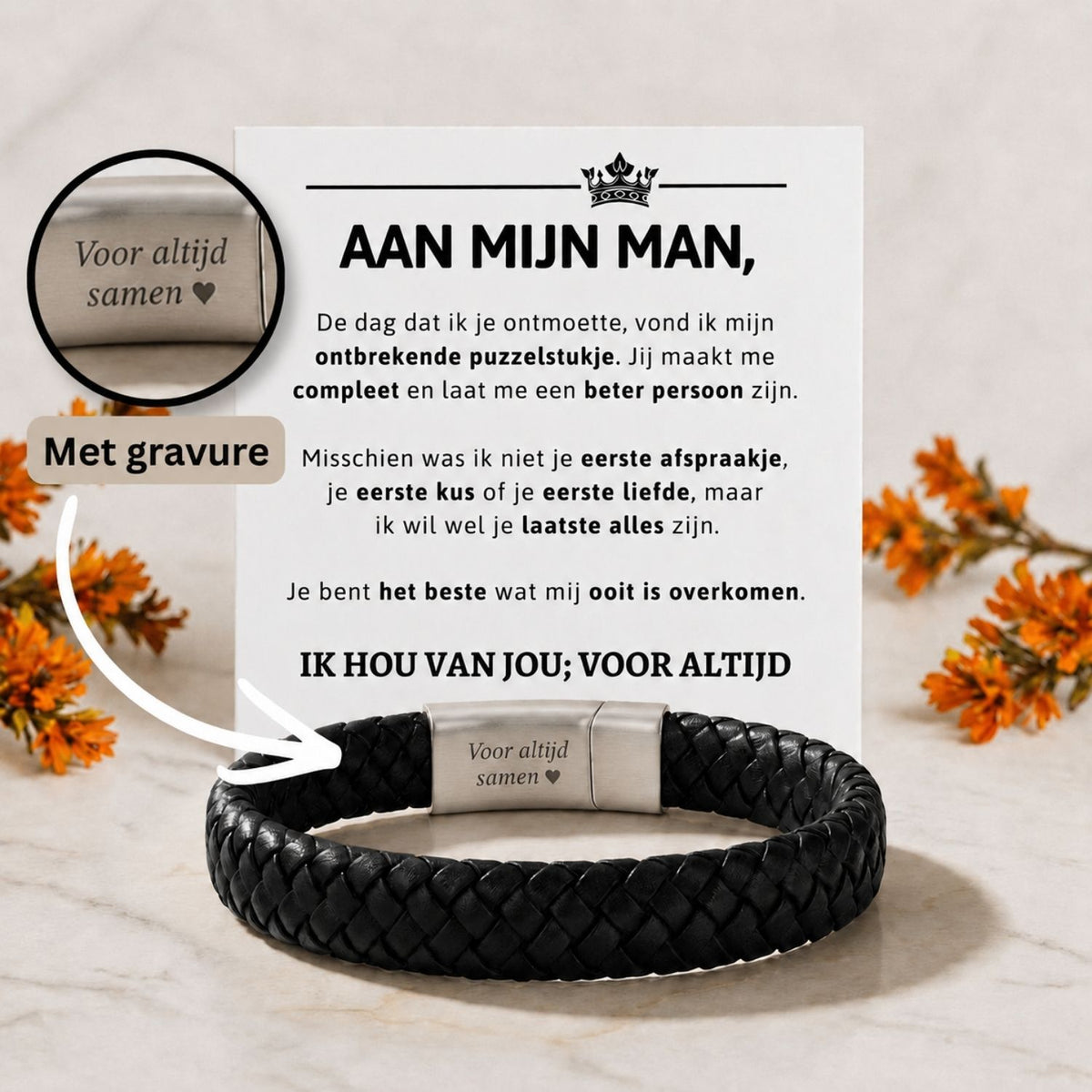 Zwarte Gevlochten Armband met Gravure voor Mijn Man