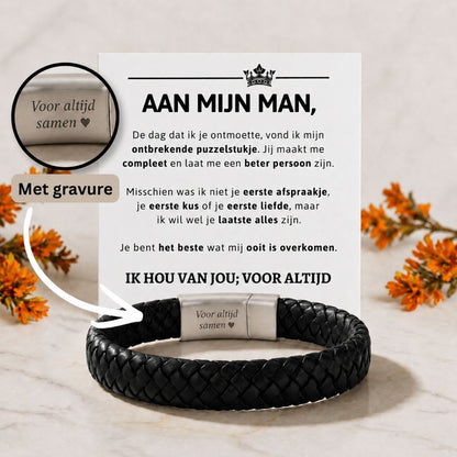 Zwarte Gevlochten Armband met Gravure voor Mijn Man