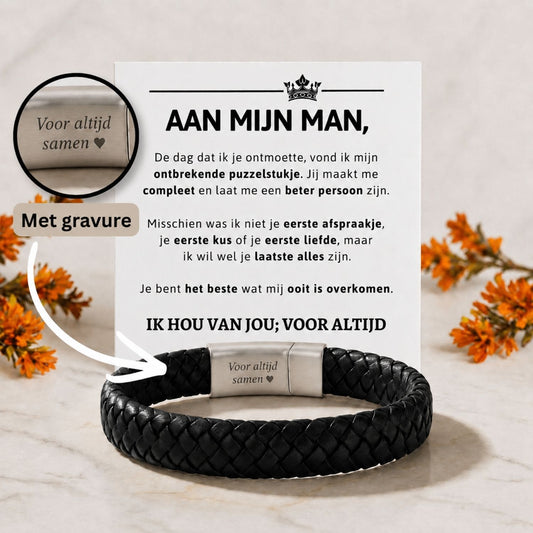 Zwarte Gevlochten Armband met Gravure voor Mijn Man