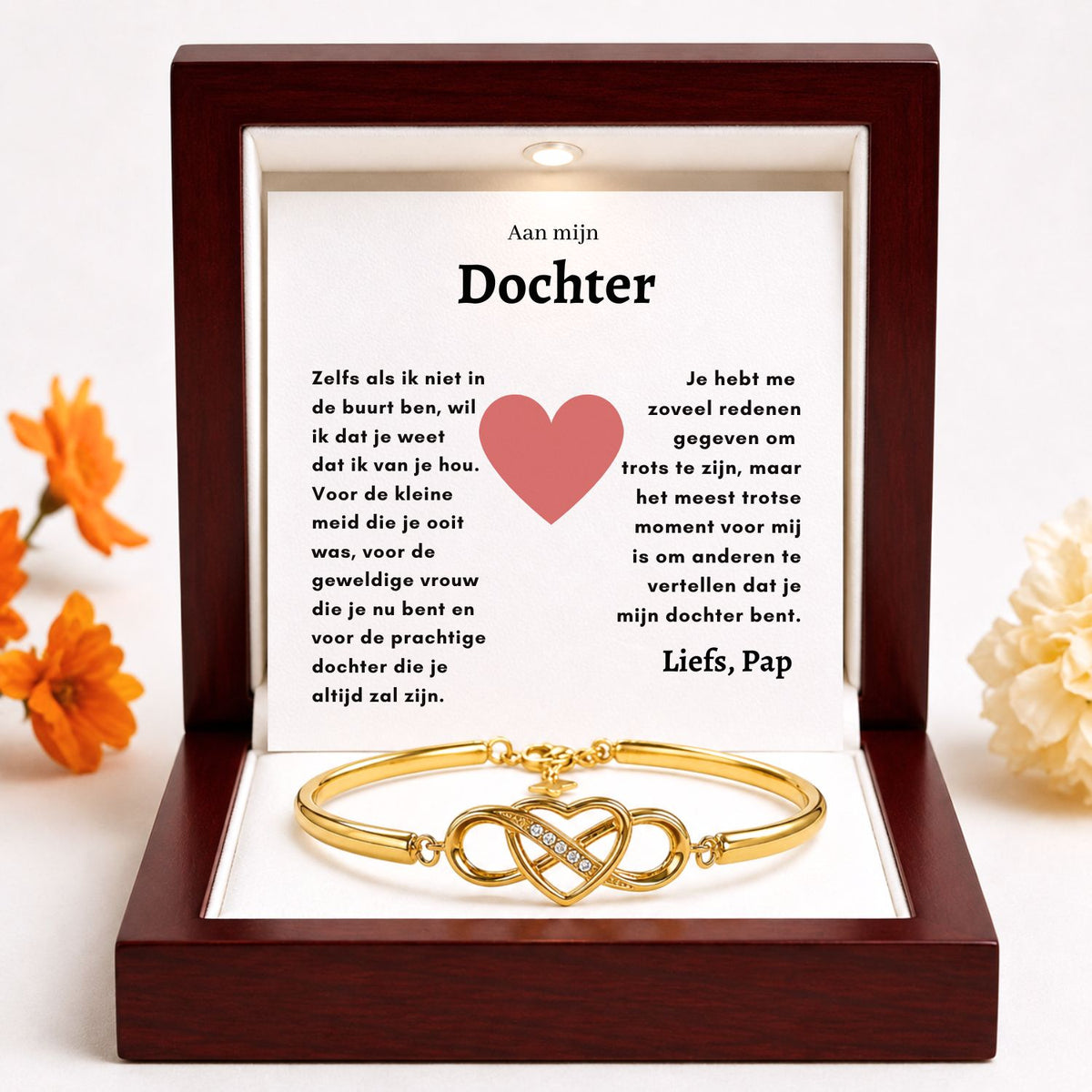 Infinity armband goud in luxe mahonie geschenkdoos