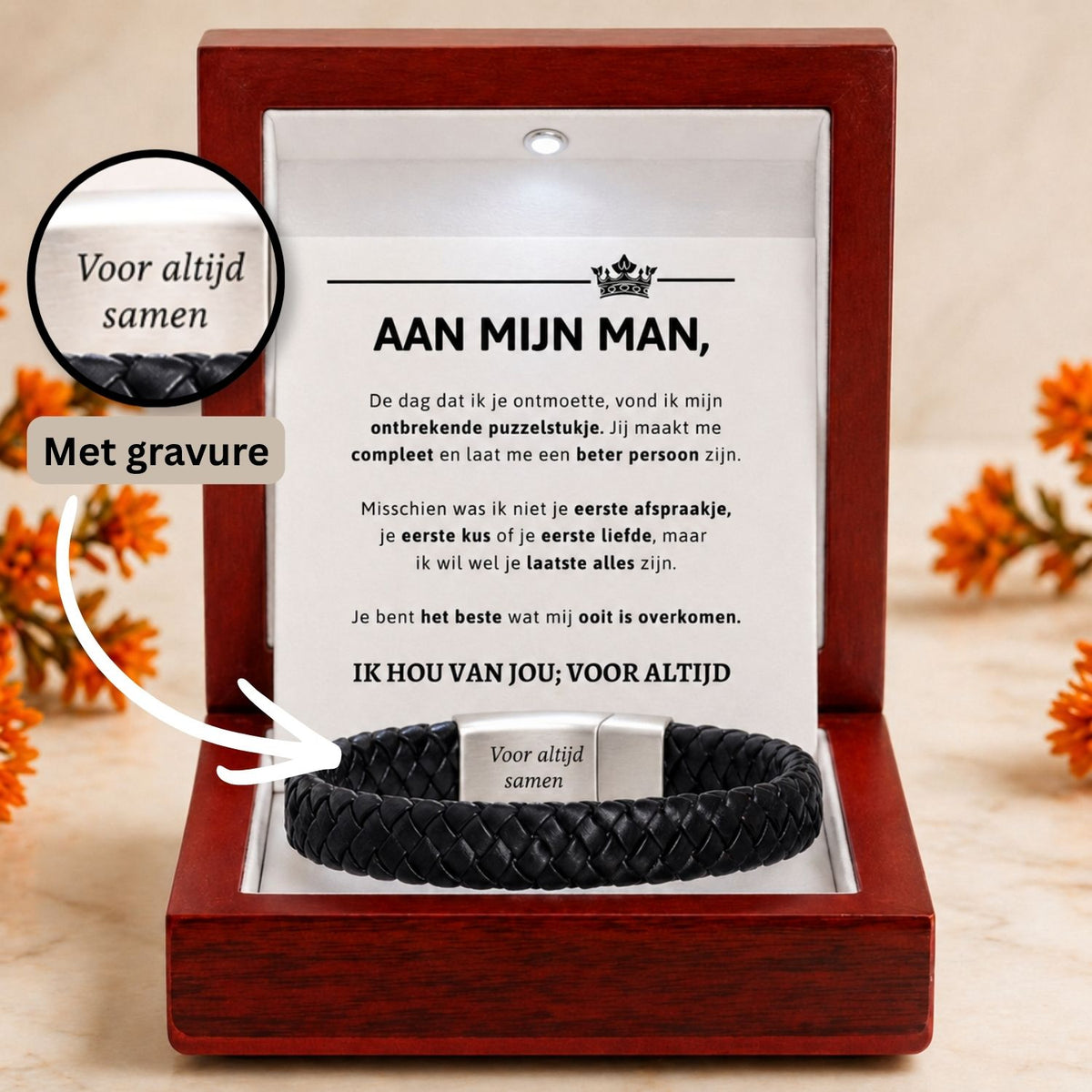 Zwarte Gevlochten Armband met Gravure voor Mijn Man