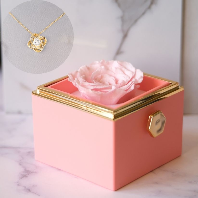 Eeuwige Roos Box - Liefdesknoop Halsketting & Echte Roos