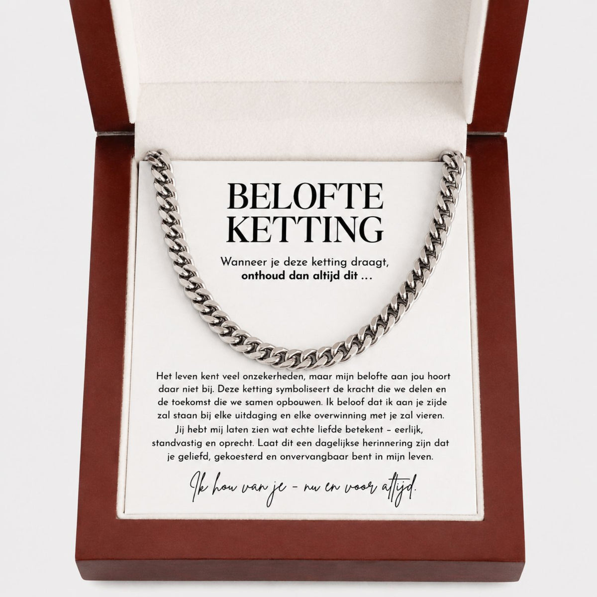 Chain necklace with gift packaging and message card