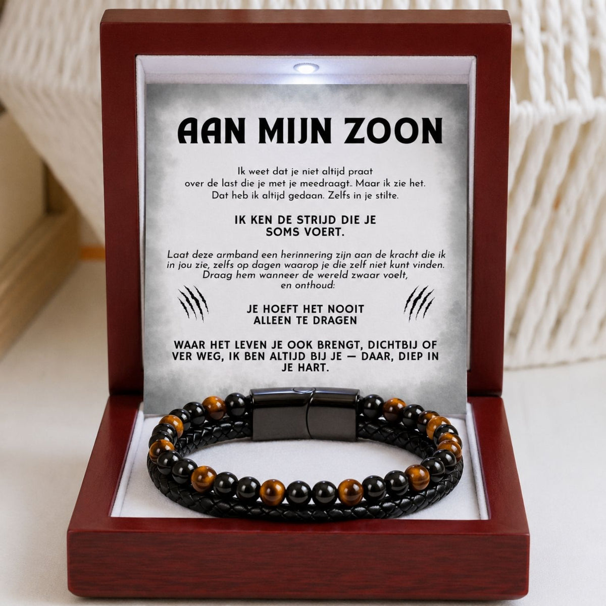 Aan mijn Zoon -  Tijgeroog armband met gravure - Ik ken de strijd die je soms voert -